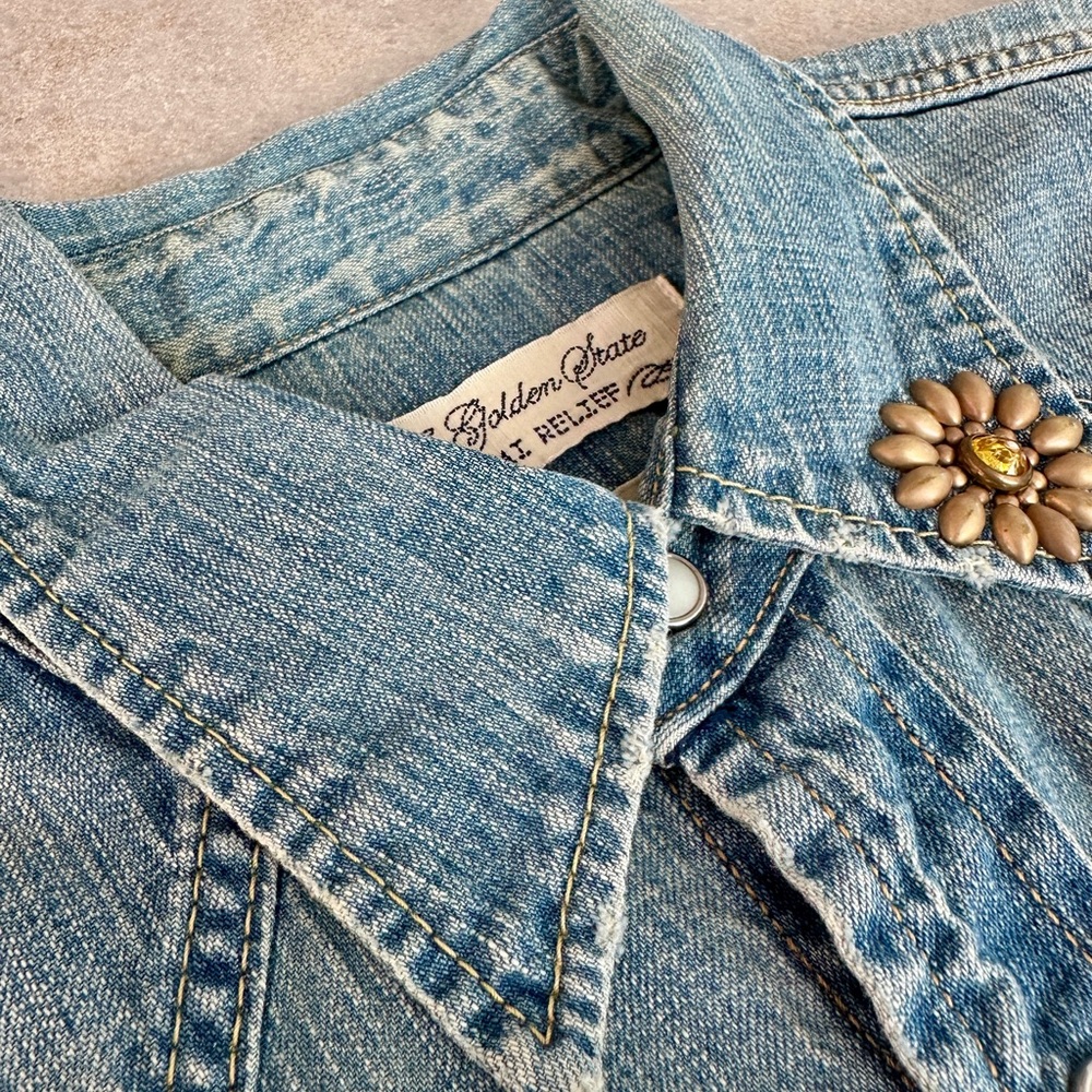 REMI RELIEF Distressed Embellished Denim Shirt